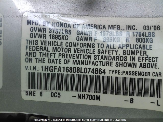 1HGFA16808L074864 - 2008 HONDA CIVIC EX SILVER photo 9