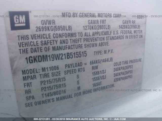 1GKDM19W21B515515 - 2001 GMC SAFARI XT WHITE photo 9