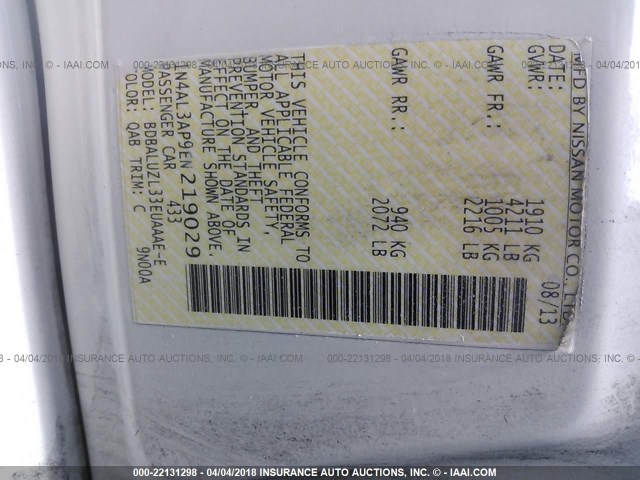 1N4AL3AP9EN219029 - 2014 NISSAN ALTIMA 2.5/S/SV/SL WHITE photo 9