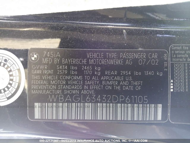 WBAGL63432DP61105 - 2002 BMW 745 I BLACK photo 9