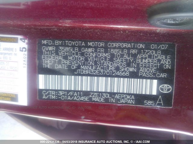 JTDBR32E370124668 - 2007 TOYOTA COROLLA CE/LE/S RED photo 9