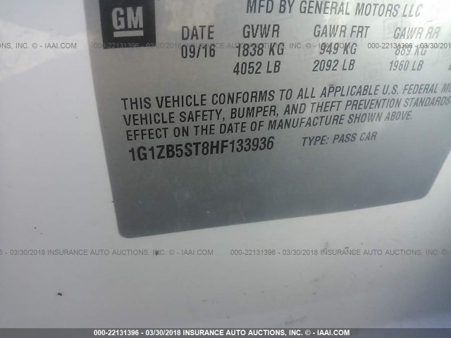 1G1ZB5ST8HF133936 - 2017 CHEVROLET MALIBU LS 白色 照片 9