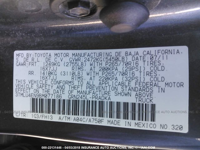 3TMLU4EN9BM077186 - 2011 TOYOTA TACOMA DOUBLE CAB ვერცხლისფერი ფოტო 9