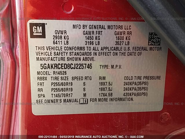 5GAKRCED8CJ225746 - 2012 BUICK ENCLAVE RED photo 9