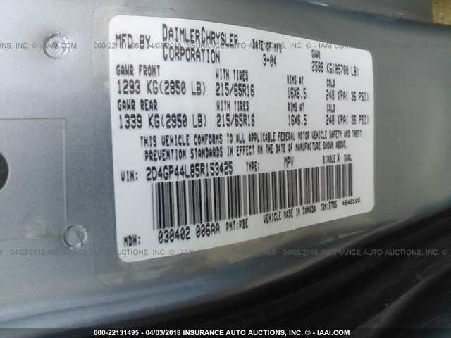 2D4GP44L85R153425 - 2005 DODGE GRAND CARAVAN SXT BLUE photo 9