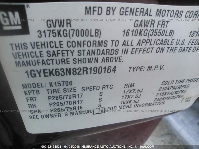 1GYEK63N82R190164 - 2002 CADILLAC ESCALADE LUXURY წითელი ფოტო 9