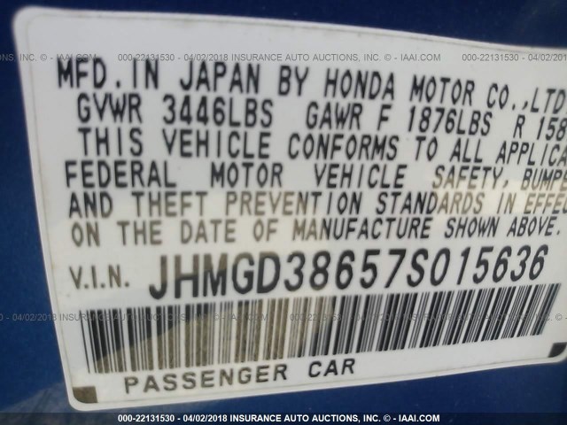 JHMGD38657S015636 - 2007 HONDA FIT S BLUE photo 9