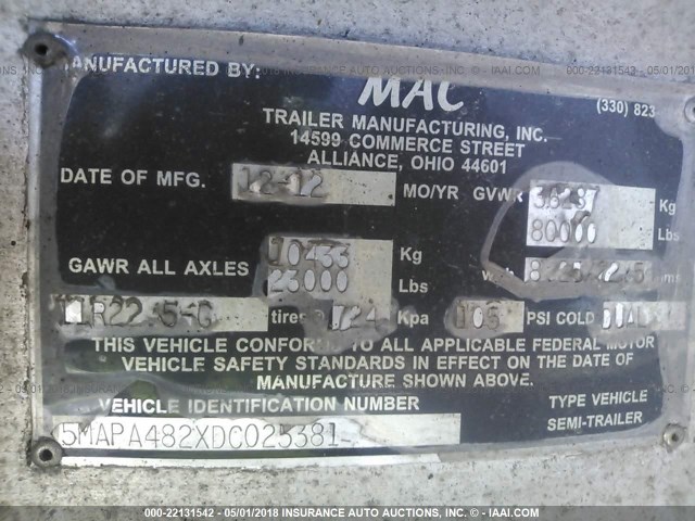 5MAPA482XDC025381 - 2013 MAC TRAILER MFG FLATBED  SILVER photo 9