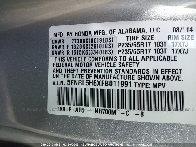 5FNRL5H6XFB011991 - 2015 HONDA ODYSSEY EXL ვერცხლისფერი ფოტო 9