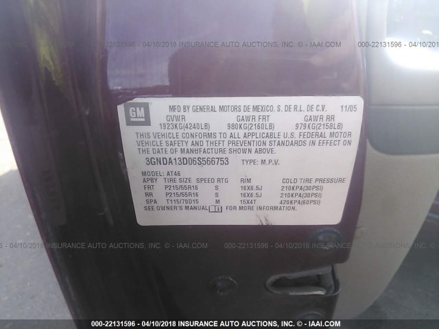 3GNDA13D06S566753 - 2006 CHEVROLET HHR LS RED photo 9