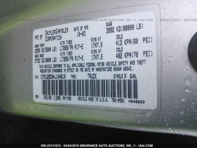 1D7KU28D04J164810 - 2004 DODGE RAM 2500 ST/SLT 银色 照片 9