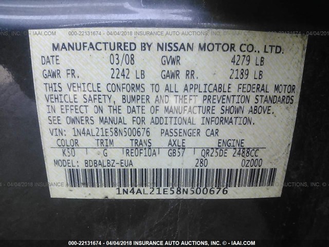 1N4AL21E58N500676 - 2008 NISSAN ALTIMA 2.5/2.5S GRAY photo 9