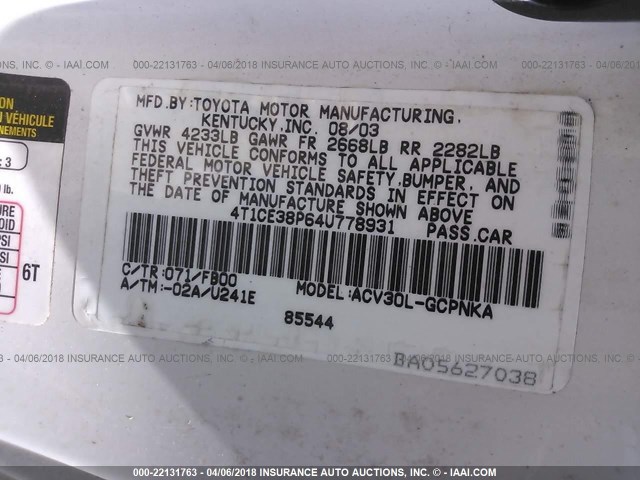 4T1CE38P64U778931 - 2004 TOYOTA CAMRY SOLARA SE/SLE WHITE photo 9