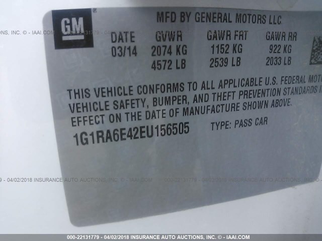 1G1RA6E42EU156505 - 2014 CHEVROLET VOLT WHITE photo 9