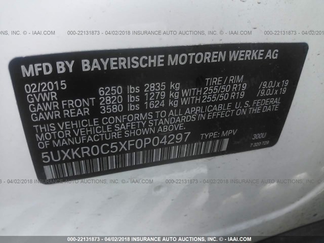 5UXKR0C5XF0P04297 - 2015 BMW X5 XDRIVE35I WHITE photo 9