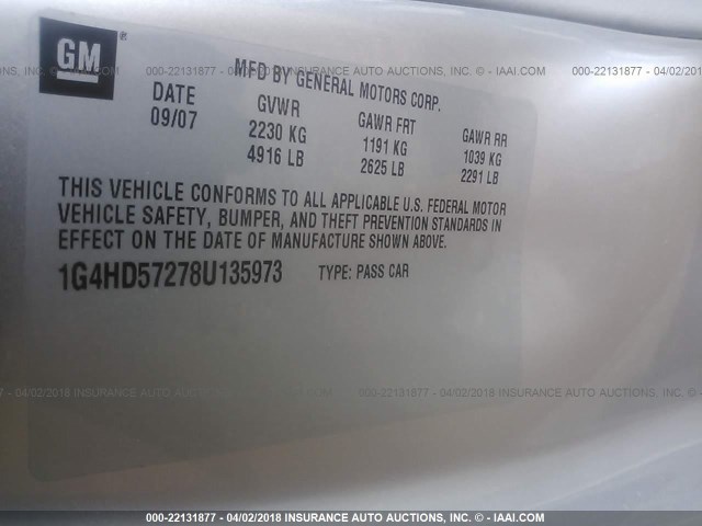 1G4HD57278U135973 - 2008 BUICK LUCERNE CXL SILVER photo 9