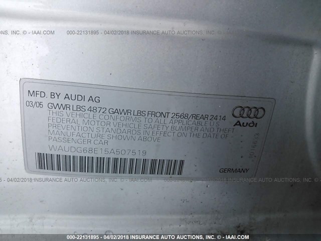 WAUDG68E15A507519 - 2005 AUDI A4 3.2 QUATTRO SILVER photo 9