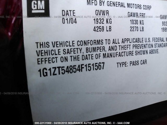 1G1ZT54854F151567 - 2004 CHEVROLET MALIBU LS მუქწითელი ფოტო 9