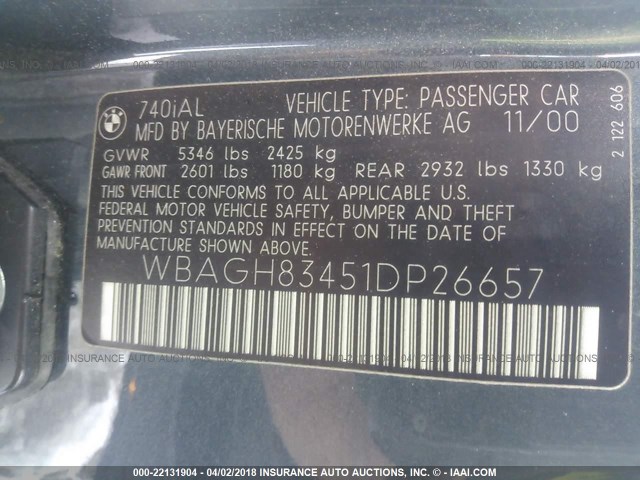 WBAGH83451DP26657 - 2001 BMW 740 IL GRAY photo 9