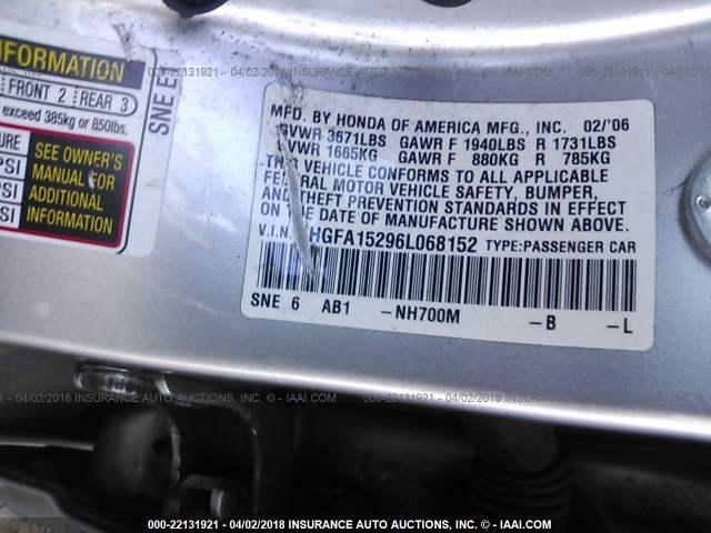 1HGFA15296L068152 - 2006 HONDA CIVIC DX SILVER photo 9