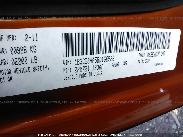 1B3CB3HA5BD168526 - 2011 DODGE CALIBER MAINSTREET ORANGE photo 9