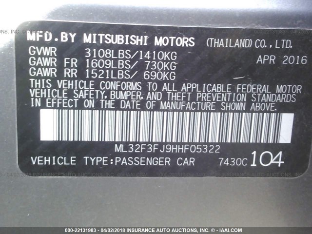 ML32F3FJ9HHF05322 - 2017 MITSUBISHI MIRAGE G4 ES ნაცრისფერი ფოტო 9