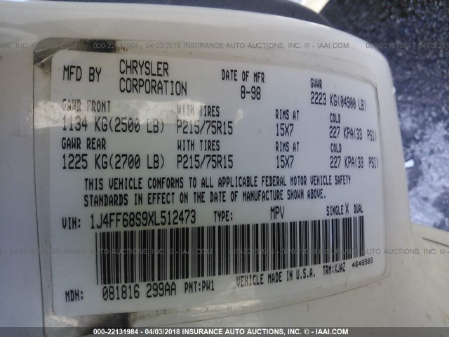 1J4FF68S9XL512473 - 1999 JEEP CHEROKEE SPORT/CLASSIC თეთრი ფოტო 9
