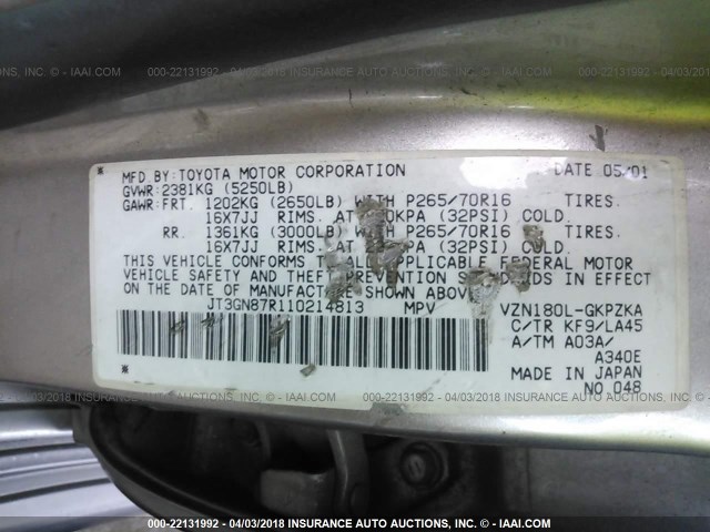 JT3GN87R110214813 - 2001 TOYOTA 4RUNNER LIMITED SILVER photo 9