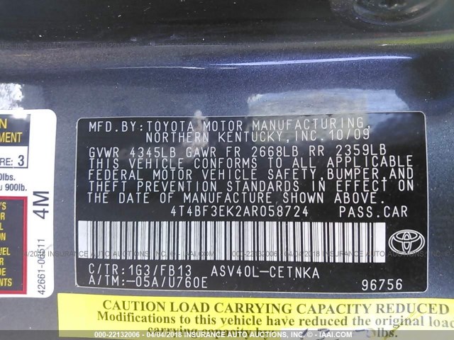 4T4BF3EK2AR058724 - 2010 TOYOTA CAMRY SE/LE/XLE GRAY photo 9