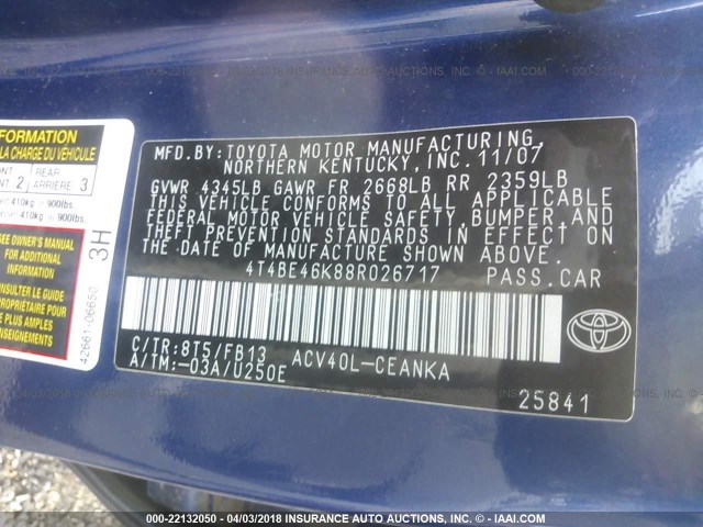 4T4BE46K88R026717 - 2008 TOYOTA CAMRY CE/LE/XLE/SE BLUE photo 9