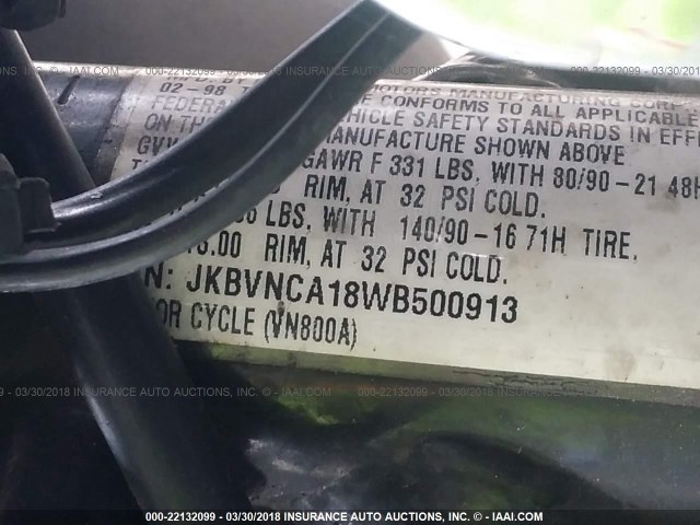 JKBVNCA18WB500913 - 1998 KAWASAKI VN800 BLACK photo 10