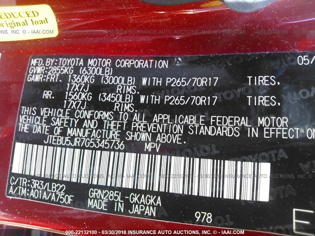 JTEBU5JR7G5345736 - 2016 TOYOTA 4RUNNER SR5 PREM/LTDL/TRAIL/TRD RED photo 9