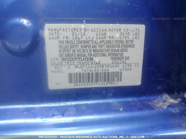 3N1CE2CP7FL413986 - 2015 NISSAN VERSA NOTE S/S PLUS/SV/SL/SR BLUE photo 9