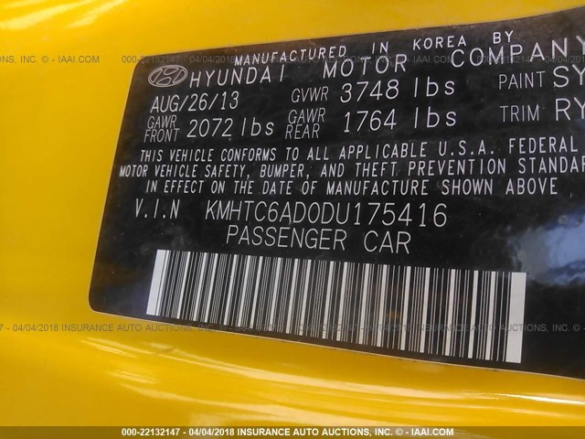 KMHTC6AD0DU175416 - 2013 HYUNDAI VELOSTER YELLOW photo 9