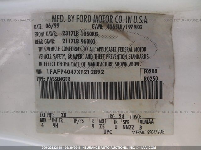 1FAFP4047XF212892 - 1999 FORD MUSTANG WHITE photo 9