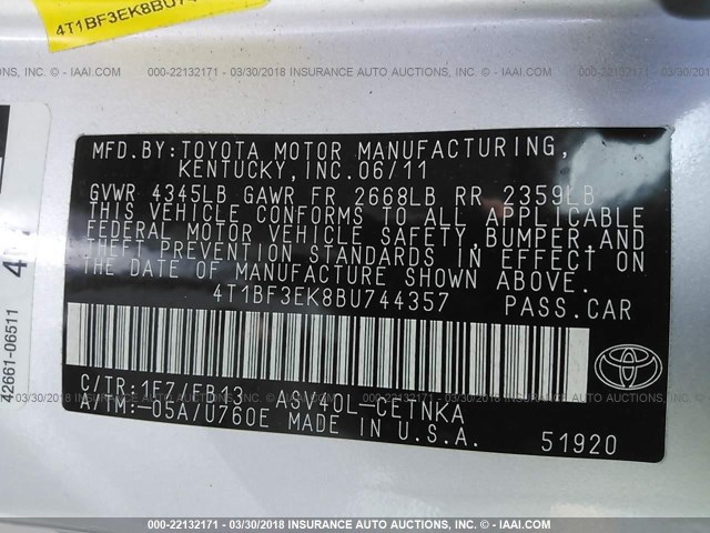 4T1BF3EK8BU744357 - 2011 TOYOTA CAMRY SE/LE/XLE SILVER photo 9