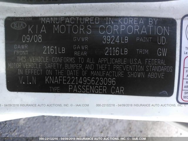 KNAFE221495623096 - 2009 KIA SPECTRA EX/LX/SX WHITE photo 9