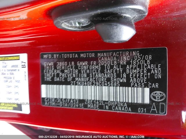 2T1KU40E29C045685 - 2009 TOYOTA COROLLA MATRIX  RED photo 9