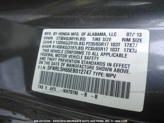 5FNRL5H66EB012747 - 2014 HONDA ODYSSEY EXL ნაცრისფერი ფოტო 9