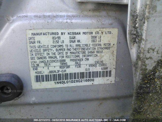 1N4DL01D2XC216800 - 1999 NISSAN ALTIMA XE/GXE/SE/GLE SILVER photo 9