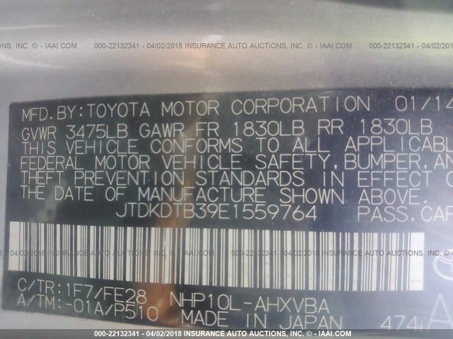 JTDKDTB39E1559764 - 2014 TOYOTA PRIUS C SILVER photo 9