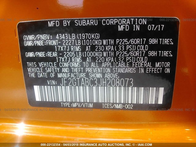 JF2GTABC3JH208073 - 2018 SUBARU CROSSTREK PREMIUM Narıncı foto 9