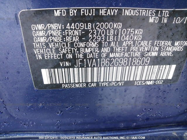 JF1VA1B62G9818609 - 2016 SUBARU WRX BLUE photo 9