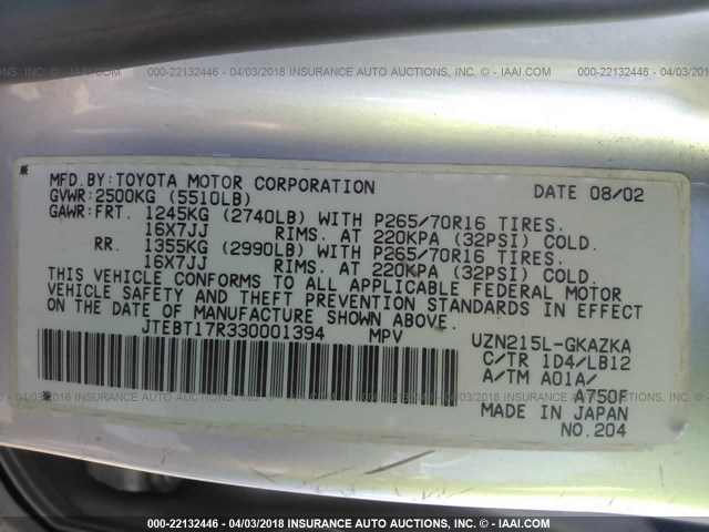 JTEBT17R330001394 - 2003 TOYOTA 4RUNNER LIMITED SILVER photo 9