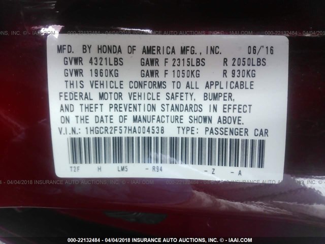 1HGCR2F57HA004538 - 2017 HONDA ACCORD SPORT 红色 照片 9