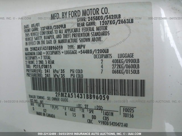 2FMZA51431BB96059 - 2001 FORD WINDSTAR LX WHITE photo 9