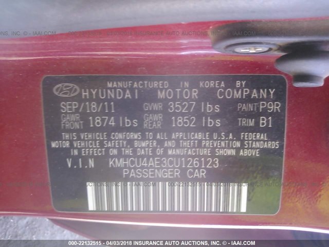 KMHCU4AE3CU126123 - 2012 HYUNDAI ACCENT GLS/GS/SE BURGUNDY photo 9