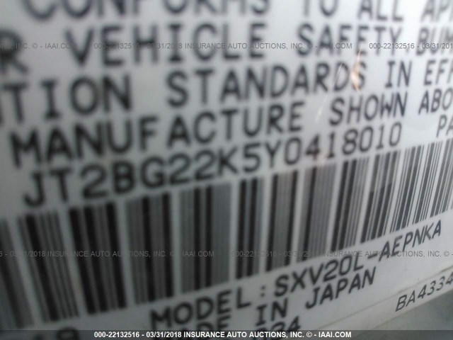 JT2BG22K5Y0418010 - 2000 TOYOTA CAMRY CE/LE/XLE 银色 照片 9