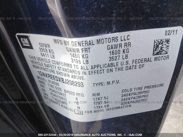 1GNKREEDXBJ298293 - 2011 CHEVROLET TRAVERSE LS BLUE photo 9