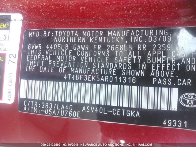 4T4BF3EK5AR011316 - 2010 TOYOTA CAMRY SE/LE/XLE Красный фото 9